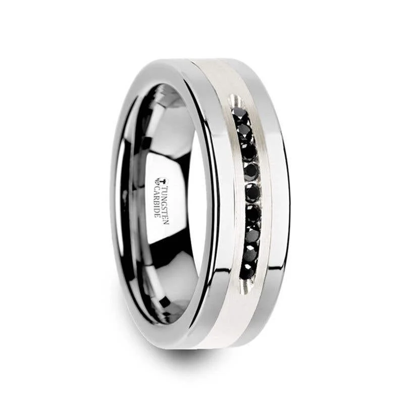 vintage necklaces for women -Thorsten BLACKSTONE Flat Tungsten Wedding Band with Brushed Silver Inlay Center and 9 Channel Set Black Diamonds - 8mm