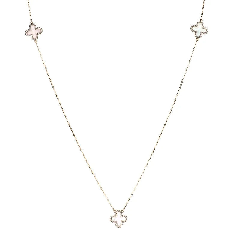 dainty necklaces for women -Mother of Pearl Clover with Diamonds Station Necklace