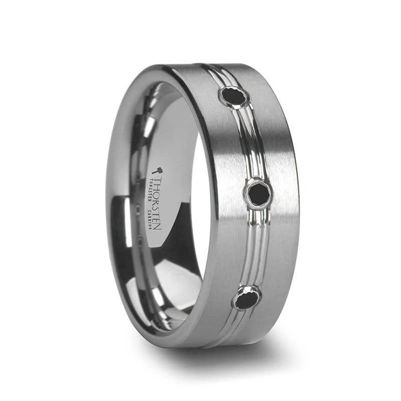 handmade necklaces for women -Thorsten ROYALE 3 Black Diamond Satin Finished Tungsten Ring Grooved Center and - 8mm