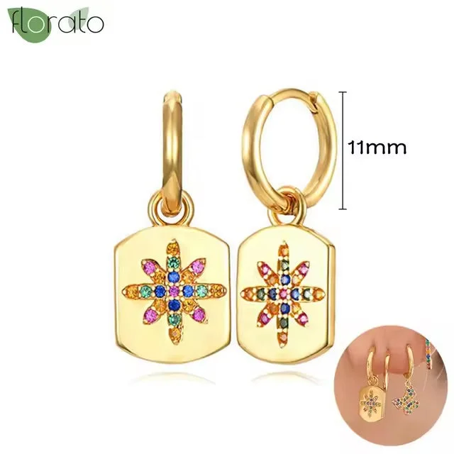 trendy crystal earrings for women -Gold Hoop Earrings with Flat Star Pendant