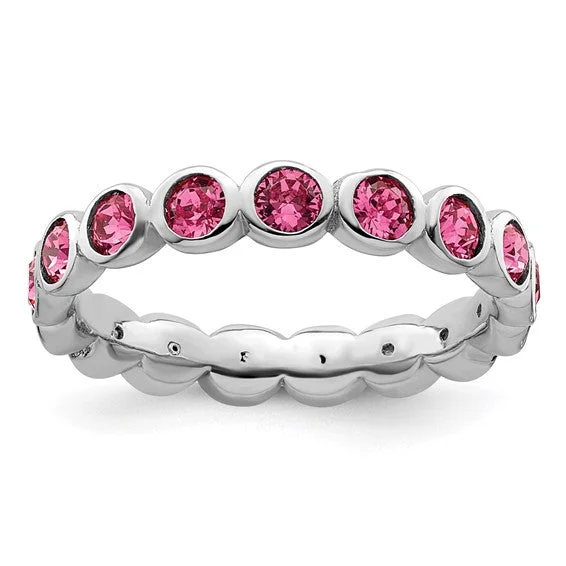 eco-friendly necklaces for women -Sterling Silver Stackable Expressions October Pink Swarovski Eternity Ring