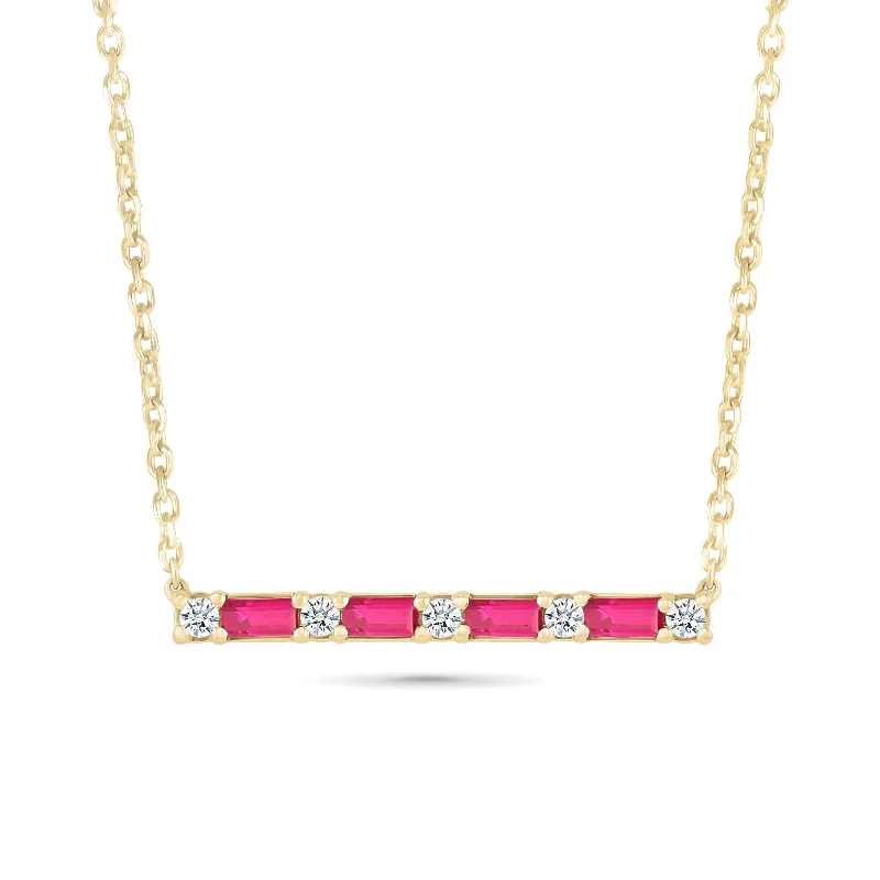 gemstone pendant necklaces for women -Alternating Emerald Cut Ruby and Round White Sapphire Bar Necklace