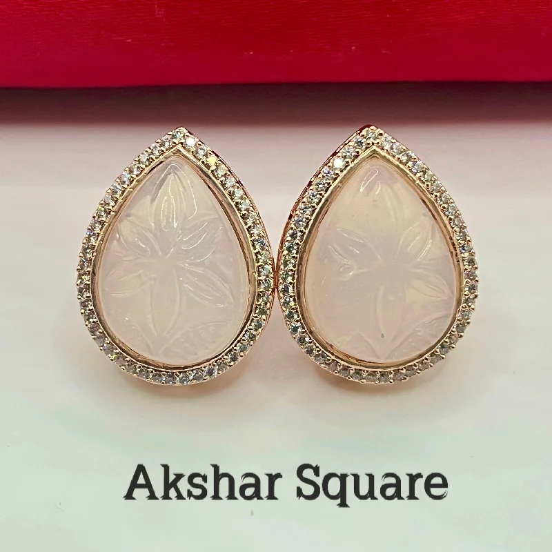 teardrop earrings for women -Rosegold carved stone stud earrings