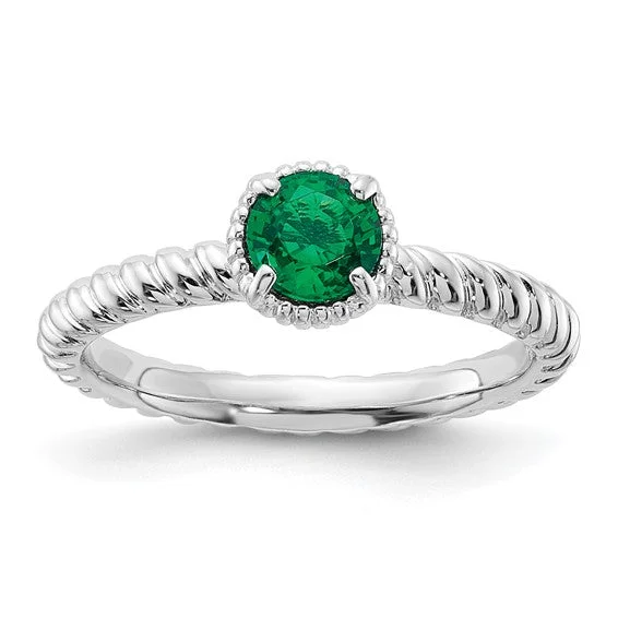 vintage-inspired necklaces for women -Sterling Silver Stackable Expressions Created Emerald Round Ring