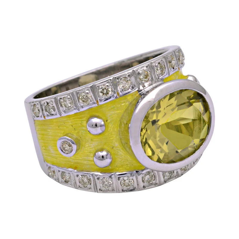 timeless engagement rings -Ring-Lemon Quartz and Diamond (Enamel)