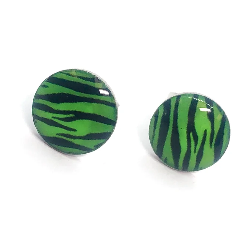 chic crystal earrings for women -Green Tiger Striped Enamel Button Stud Earrings