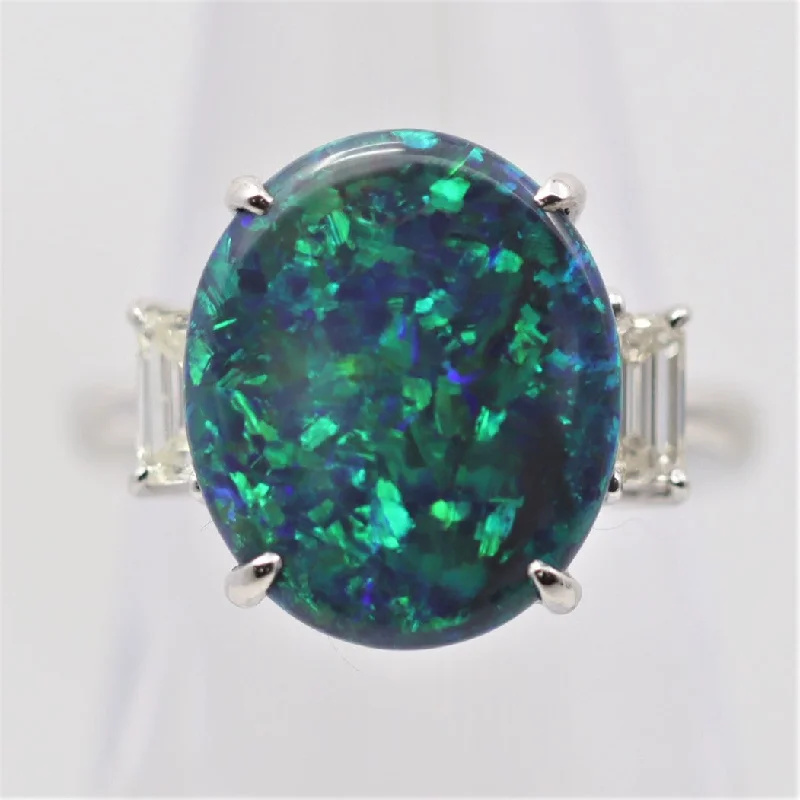 wedding sets for brides -Blue-Green Australian Black Opal Diamond Platinum 3-Stone Ring