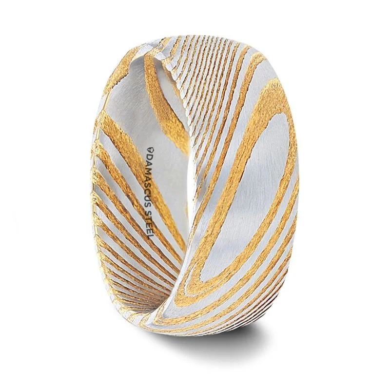 simple gold necklaces for women -Thorsten CERSEI Gold Domed Brushed Damascus Steel Men’s Wedding Band with Vivid Etched Design - 6mm & 8mm