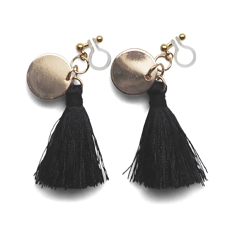 diamond earrings for women -Black Tassel with Gold Coin Invisible Clip On Earrings