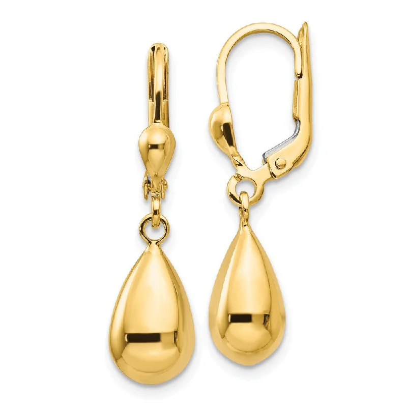 designer earrings for women -Polished 3D Teardrop Lever Back Earrings in 14k Yellow Gold