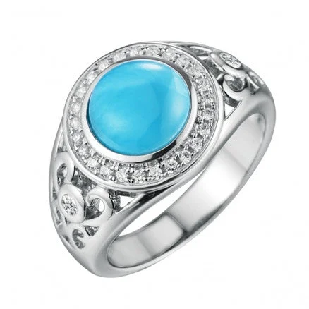 luxurious necklaces for women -Sterling Silver Alamea Round Larimar CZ Halo Filigree Ring