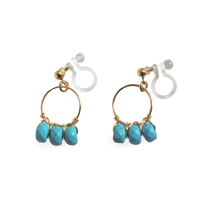 fashion earrings for women -Blue Turquoise Gold Hoop Invisible Clip On Earrings