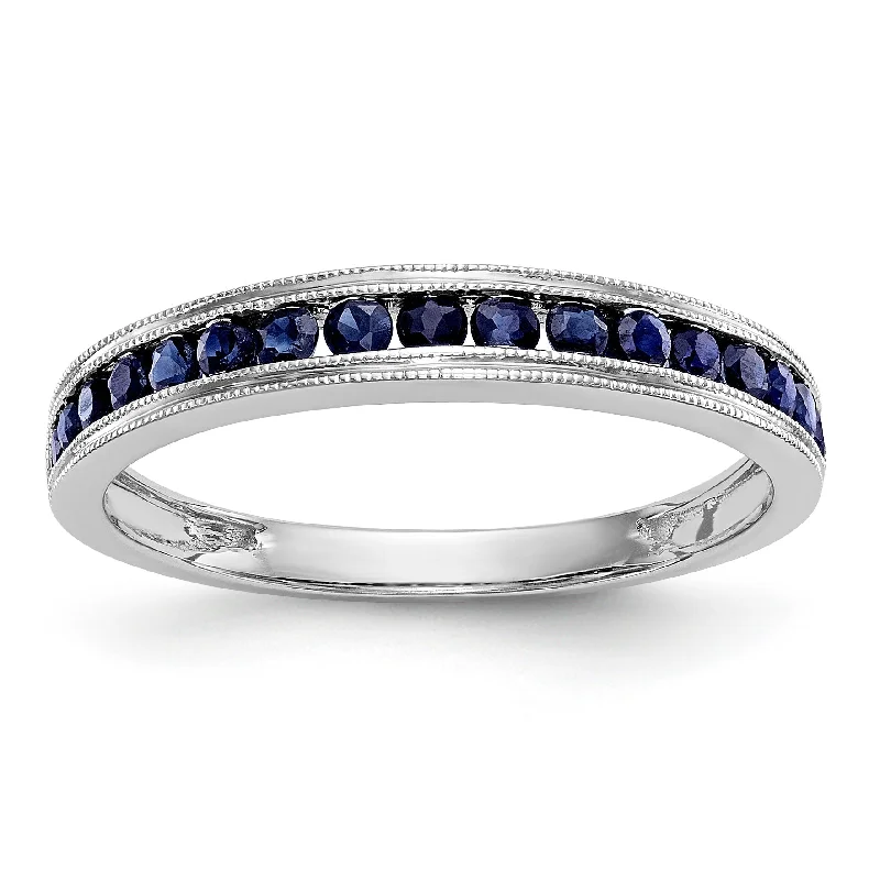 classic diamond necklaces for women -14k White Gold Blue Sapphire Milgrain Channel Set Anniversary Band