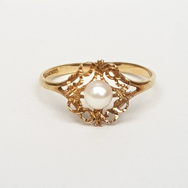 matching rings for couples -9k Gold Ornate Floral Cannettile Setting Natural Pearl Solitaire Ring Size UK O Vintage Sheffield Circa 1998