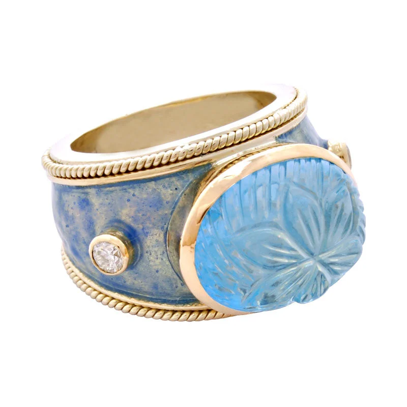 contemporary rings for women -Ring-Aquamarine and Diamond (Enamel)