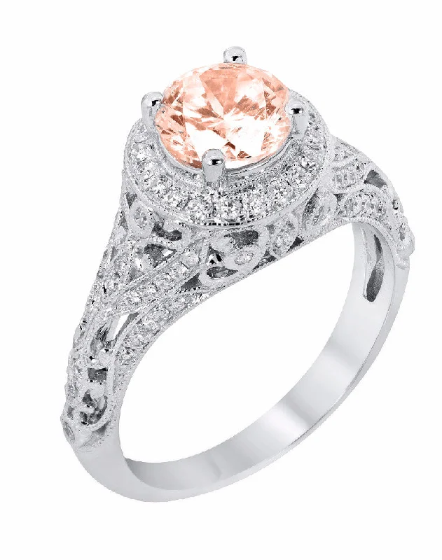 luxury necklaces for women -14k White Gold Round Morganite and Diamond Halo Vintage Style Engagement Ring