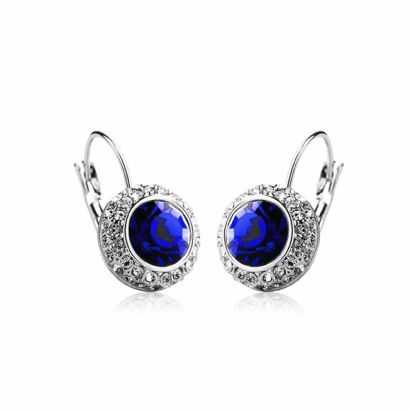 glamorous earrings for women -14K White Gold Sapphire Blue On White Gold Bezel Set IOBI Crystals Earrings for Woman