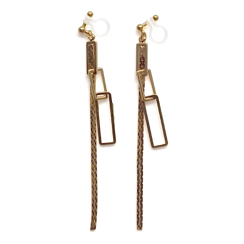 fine gold earrings for women -Gold chain and rectangular motif invisible clip on earrings