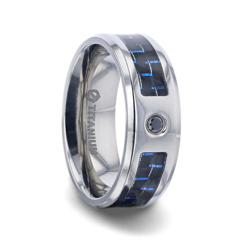 anniversary gift necklaces for women -Thorsten PACIFIC Black And Blue Carbon Fiber Inlaid Titanium Men's Wedding Band With Beveled Polished Edges and Black Sapphire Center Stone