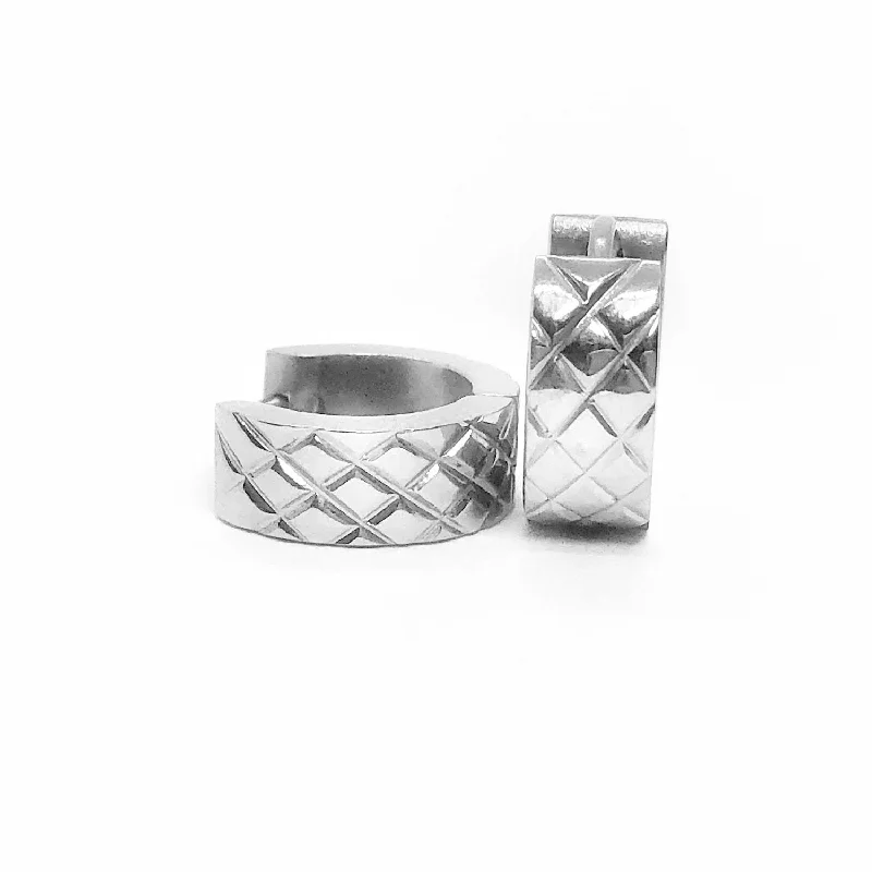 vintage earrings for women -Wide Diamond Cut Stainless Steel Huggie Hoop Earrings