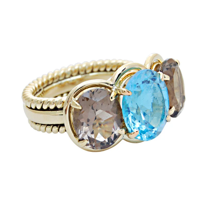 yellow gold rings for women -Ring-Blue Topaz and Smokey Quartz