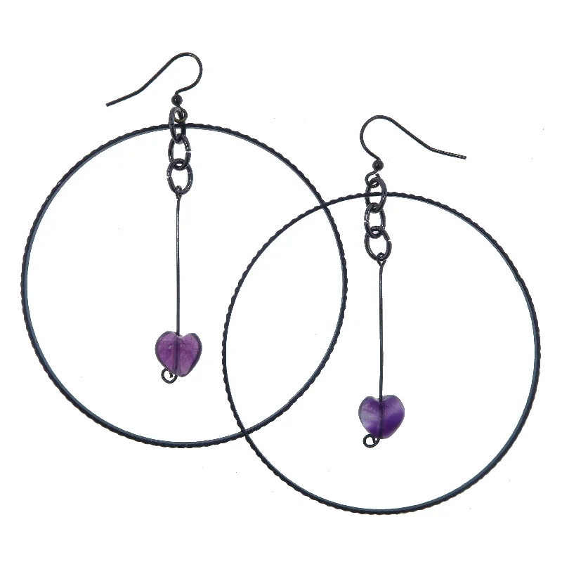 wedding diamond earrings for women -Fluorite Earrings Love My Soul Purple Hearts Black Hoops