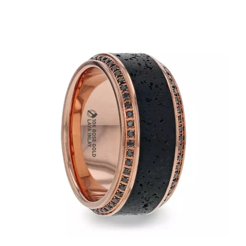 colorful necklaces for women -Thorsten HYPERIA Lava Inlaid 10K Rose Gold Wedding Ring Polished Beveled Edges Set with Round Black Diamonds - 10mm