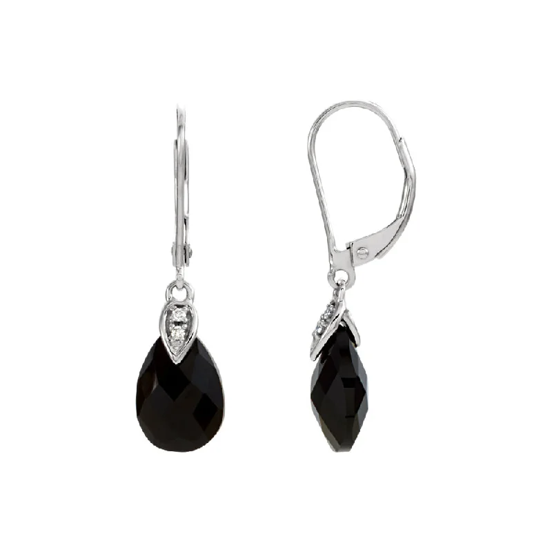 designer earrings for women -Black Onyx Briolette & Diamond Lever Back Earrings in 14k White Gold