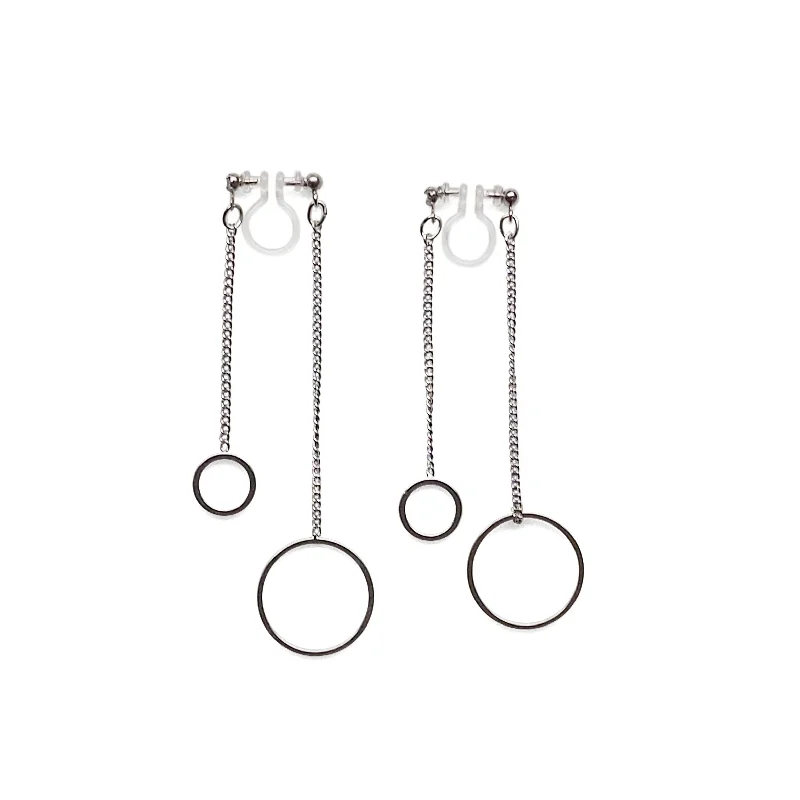 trendy drop earrings for women -Double sided hoop invisible clip on earrings ( Silver tone )