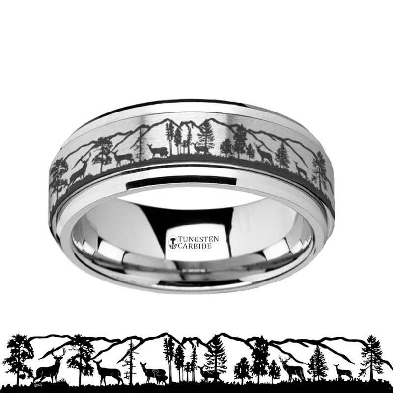 handmade necklaces for women -Thorsten Spinning Engraved Roaming Deer Stag Tungsten Carbide Spinner Band - 8mm