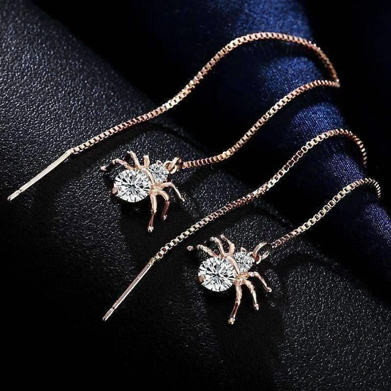 unique hoop earrings for women -Itsy Bitsy Spider Swiss CZ Thread Earrings in 18k Rose Gold For Woman