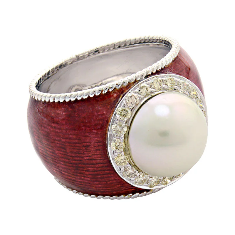 vintage engagement rings for women -Ring-South Sea Pearl and Diamond (Enamel)