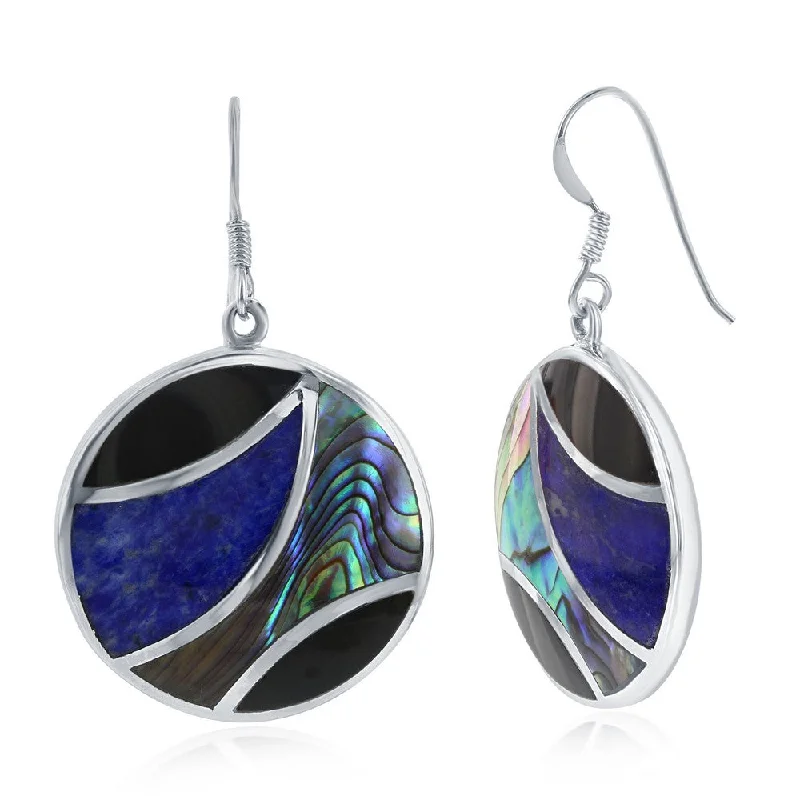 boho earrings for women -Sterling Silver Abalone, Onyx, and Lapis Designed Round Earrings