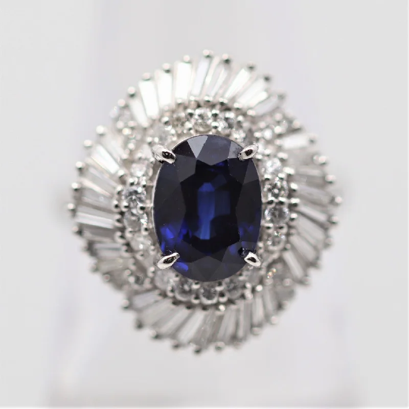 matching rings for couples -Royal-Blue Sapphire Diamond Platinum Ballerina Ring