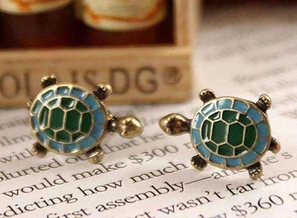 romantic pearl earrings for women -Tiny Turtle Green Enamel Stud Earrings