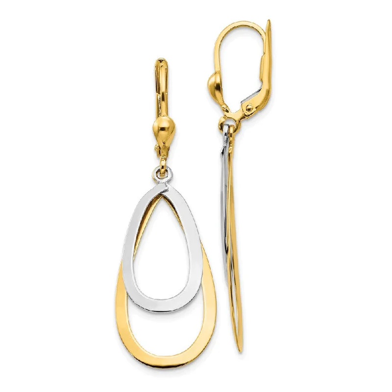 luxury hoop earrings for women -Double Teardrop Lever Back Earrings in 14k Yellow and White Gold