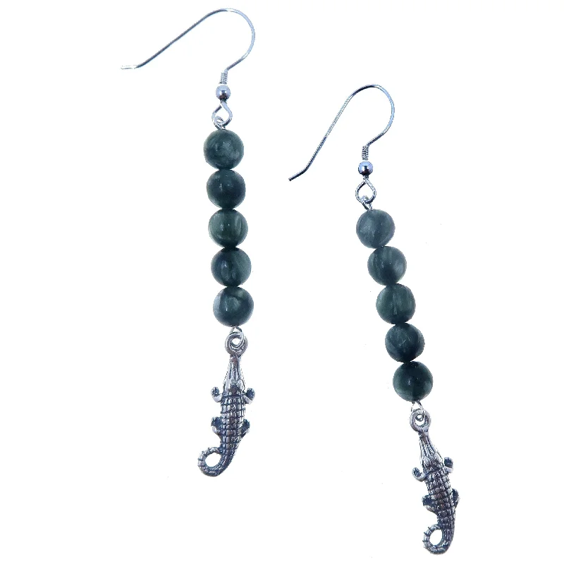 trendy earrings for women -Seraphinite Earrings Green Alligator Sterling Silver