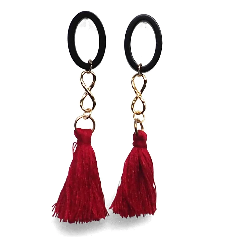 chic gemstone drop earrings -Black hoop with red tassel invisible clip on earrings