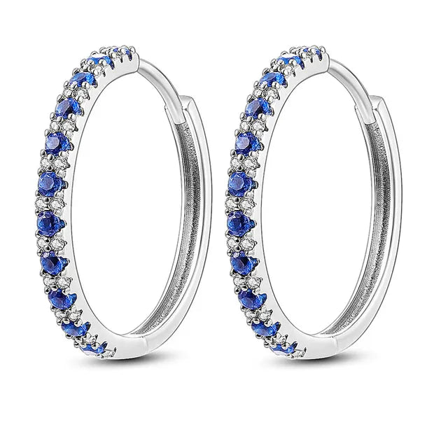 fashion hoop earrings for women -Large Silver Hoop Earrings with Blue & White Zirconia Stones