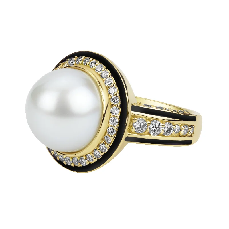 custom gemstone rings -Ring - South Sea Pearl And Diamond (enamel)