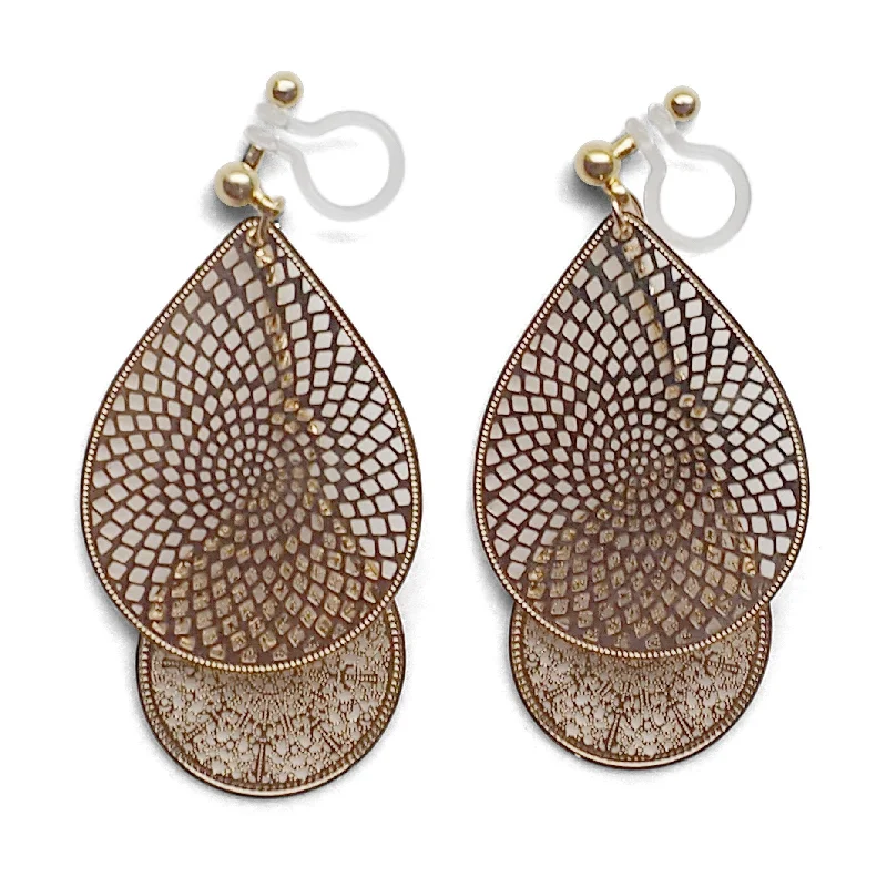 elegant earrings for women -Dangle gold teardrop filigree invisible clip on earrings