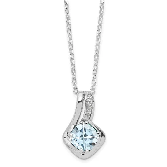 chic necklaces for women -Sterling Silver Cushion Checkerboard Aquamarine and Diamond Necklace