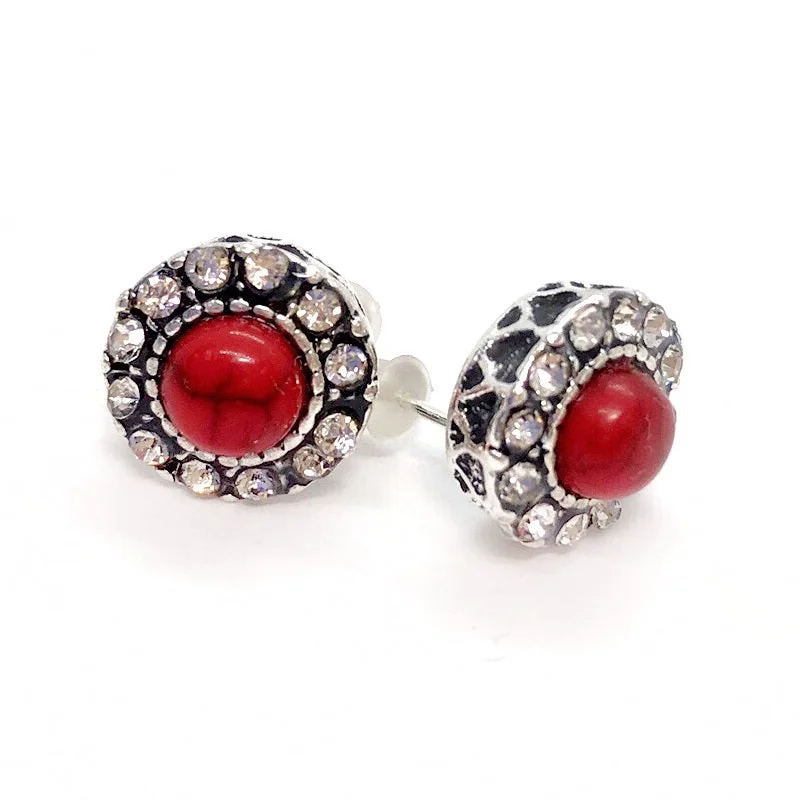 dangle earrings for women -Bohemia Red Turquoise CZ Halo Stud Earrings