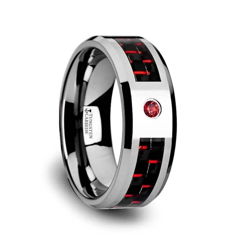 bridesmaid necklaces for women -Thorsten ADRIAN Tungsten Carbide Ring with Black and Red Carbon Fiber and Red Ruby Setting with Bevels - 8mm