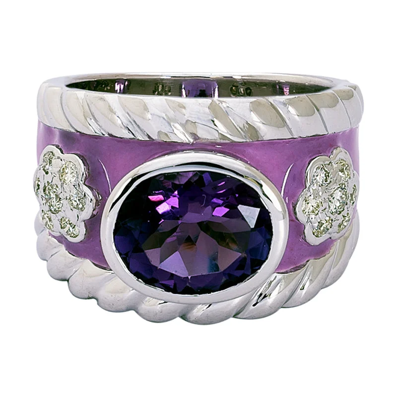 round-cut rings for women -Ring- Amethyst and Diamond (Enamel)