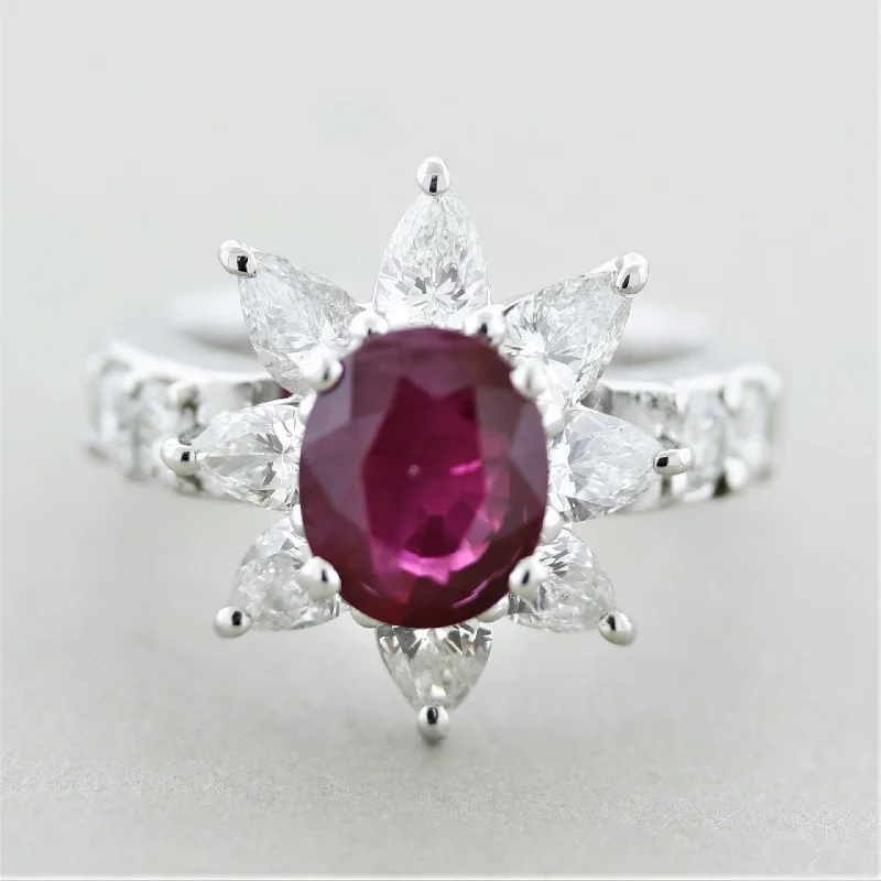 stackable rings for women -Ruby Diamond Platinum Flower Ring, GIA Certified