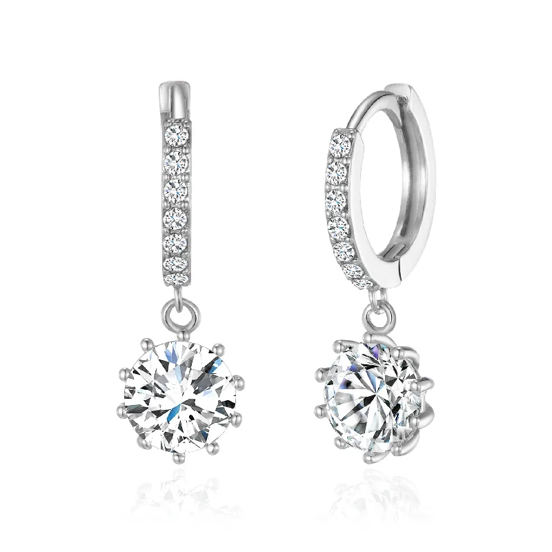 trendy earrings for women -Silver Plated Solitaire Drop Hoop Earrings Created with Zircondia® Crystals