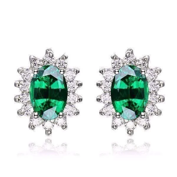 layered earrings for women -Russian Halo Oval Cut 1CTW Nano Simulated Emerald IOBI Precious Gems Earrings