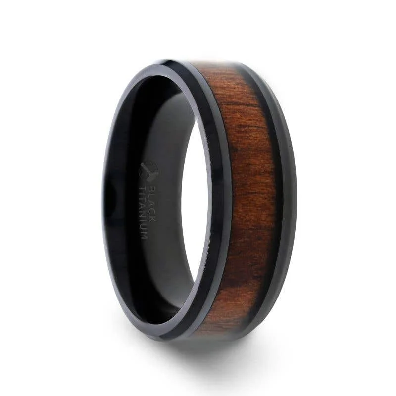 silver necklaces for women -Thorsten KONY Black Titanium Polished Beveled Edges Black Walnut Wood Inlaid Men’s Wedding Ring - 6mm & 8mm