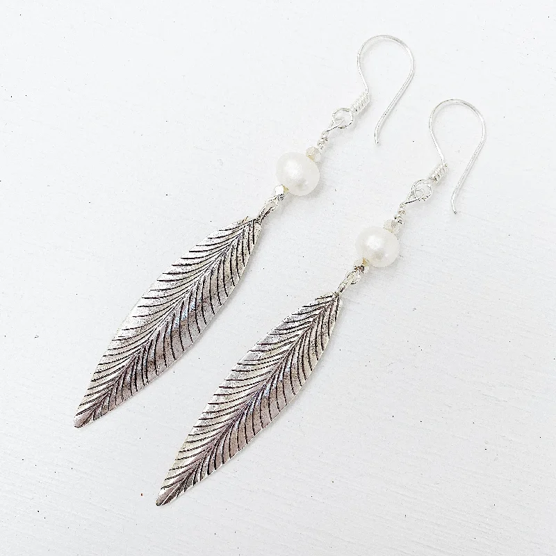 custom crystal earrings for women -OCEAN PEARL AND FEATHER EARRINGS